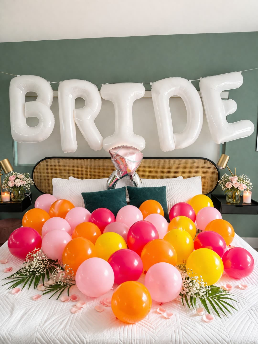 Dining table scattered with 'Face Fan' bachelorette photo cutouts in front of the shimmer wall and balloon arch